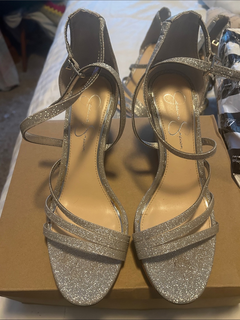 Jessica Simpson Glitter Strappy Heels in Silver
